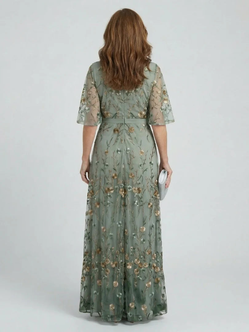 Boho Floral Embroidered Maxi Dress - V-Neck Short Sleeve Garden Party Dress