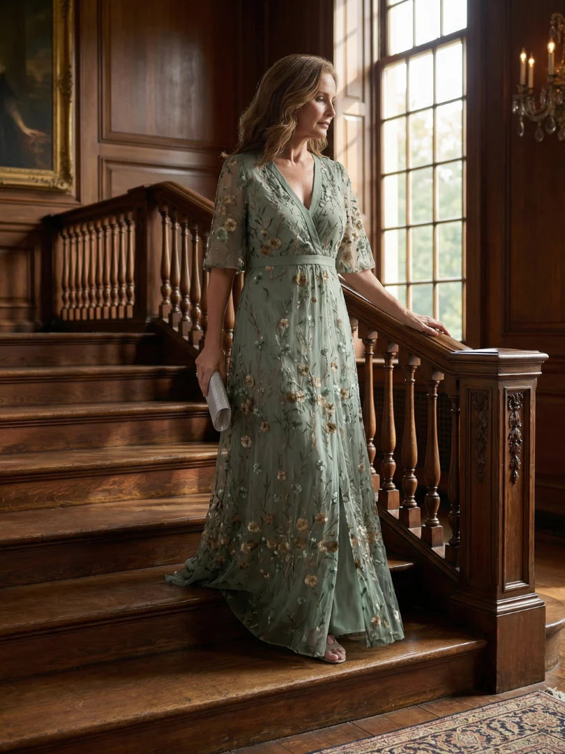 Boho Floral Embroidered Maxi Dress - V-Neck Short Sleeve Garden Party Dress