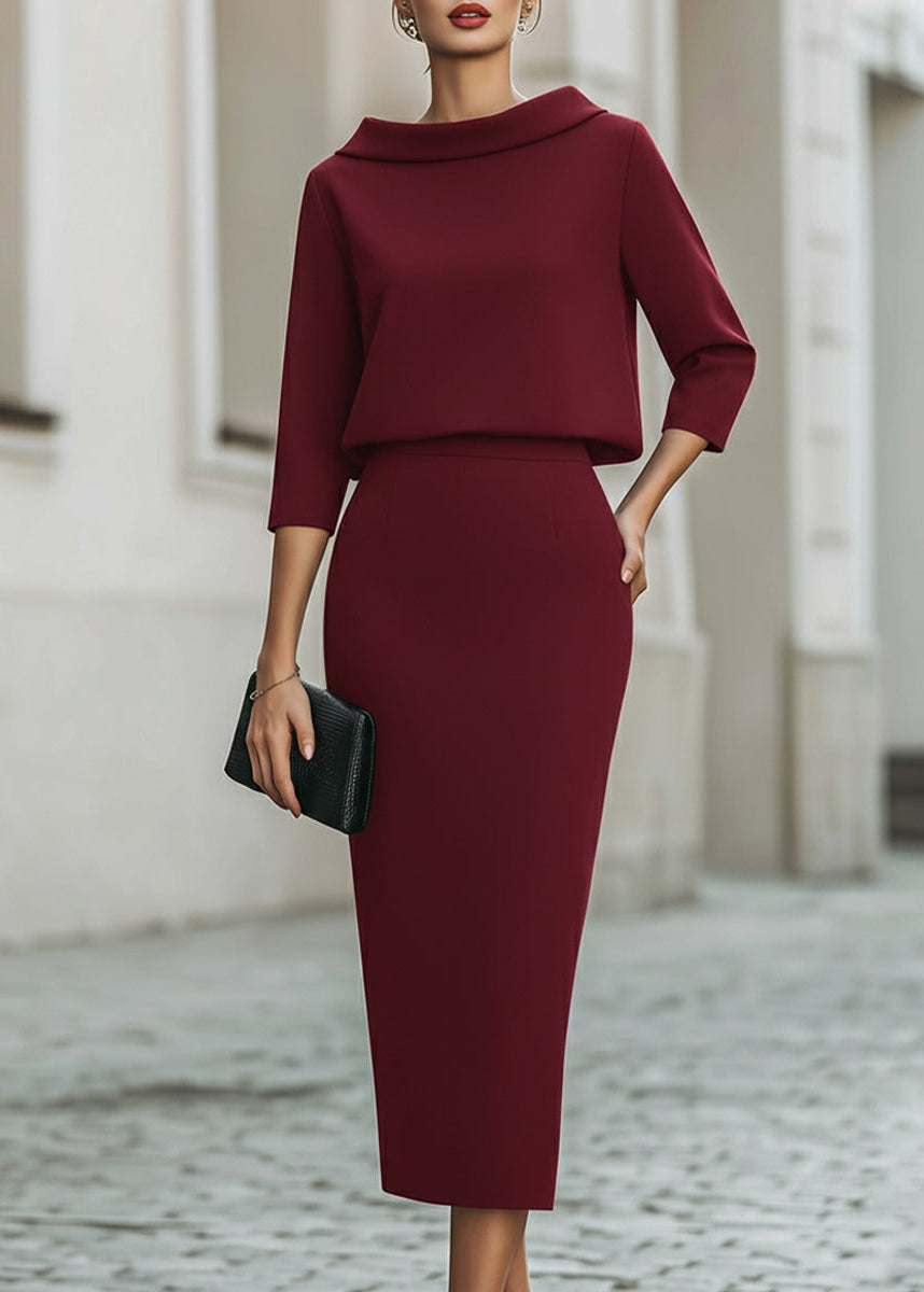 Women’s Boat Neck Midi Skirt Set with Elegant 3/4 Sleeves