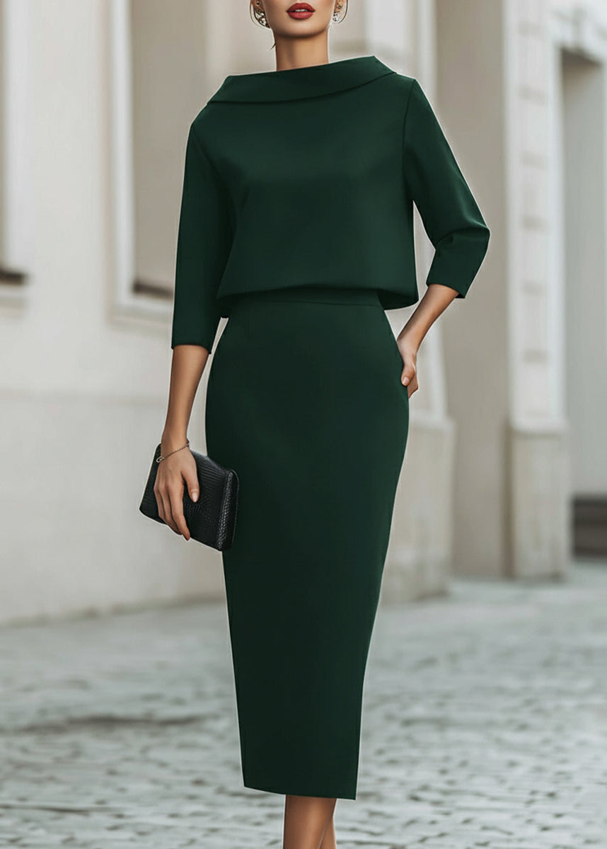 Women’s Boat Neck Midi Skirt Set with Elegant 3/4 Sleeves