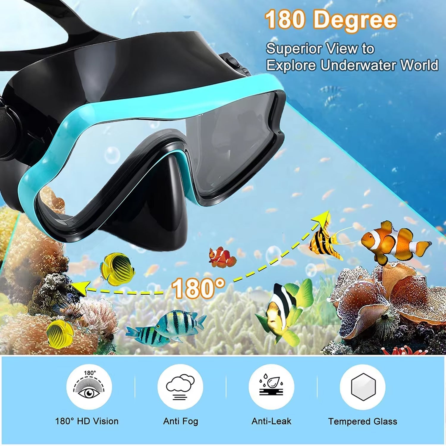 DeepBrez Professional Snorkel Set - 180 Degree Panoramic Mask with Dry Top Snorkel and Adjustable Fins - Tempered Glass Anti Fog Diving Gear