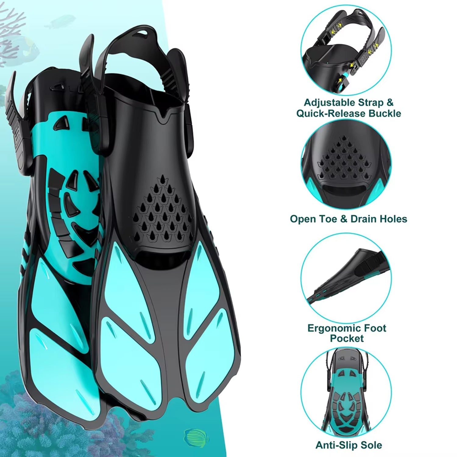 DeepBrez Professional Snorkel Set - 180 Degree Panoramic Mask with Dry Top Snorkel and Adjustable Fins - Tempered Glass Anti Fog Diving Gear