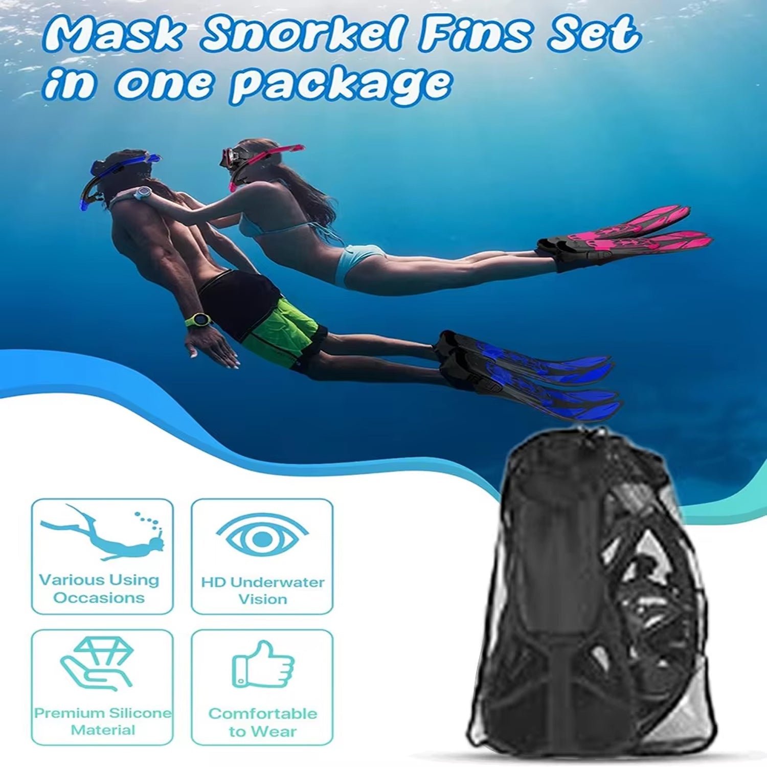 DeepBrez Professional Snorkel Set - 180 Degree Panoramic Mask with Dry Top Snorkel and Adjustable Fins - Tempered Glass Anti Fog Diving Gear