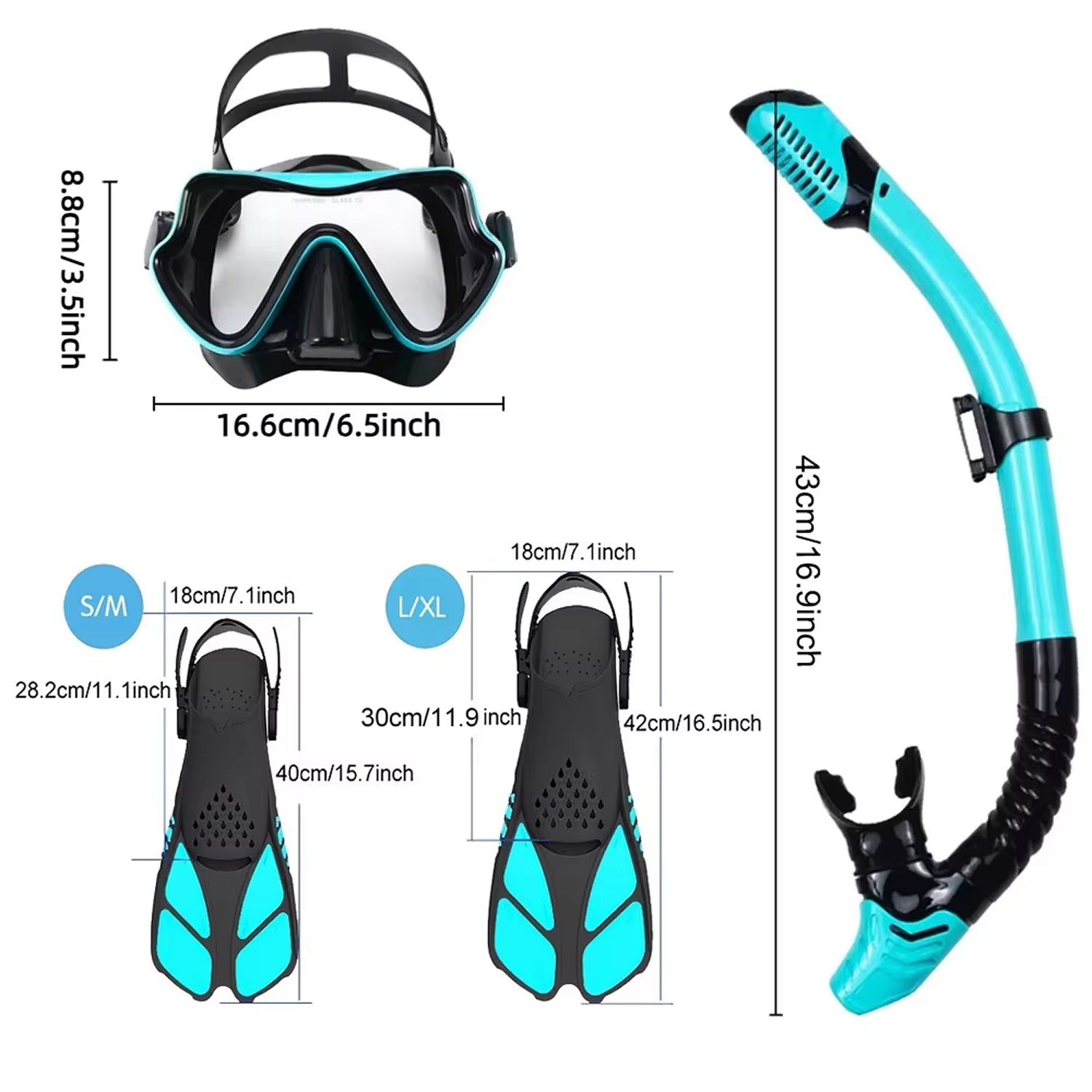DeepBrez Professional Snorkel Set - 180 Degree Panoramic Mask with Dry Top Snorkel and Adjustable Fins - Tempered Glass Anti Fog Diving Gear