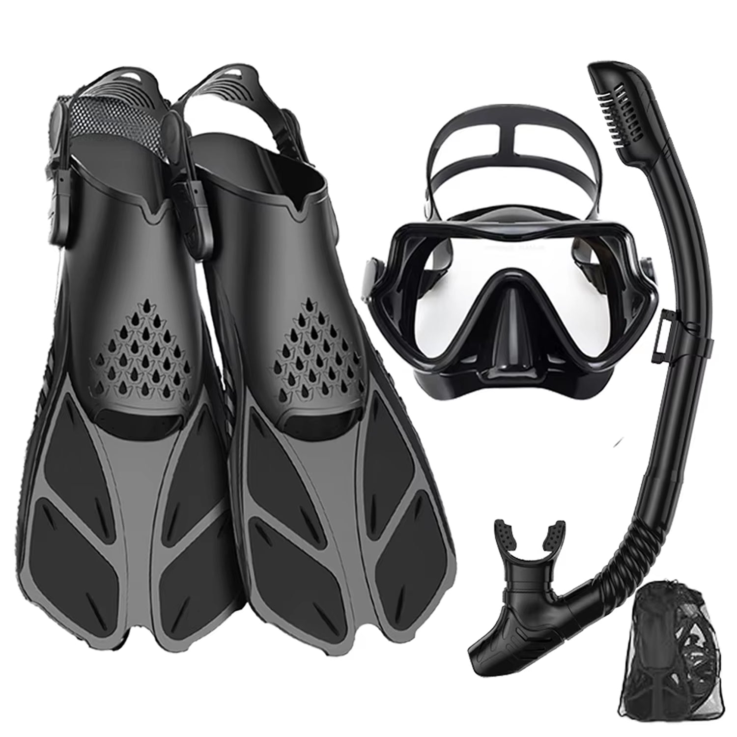 DeepBrez Professional Snorkel Set - 180 Degree Panoramic Mask with Dry Top Snorkel and Adjustable Fins - Tempered Glass Anti Fog Diving Gear