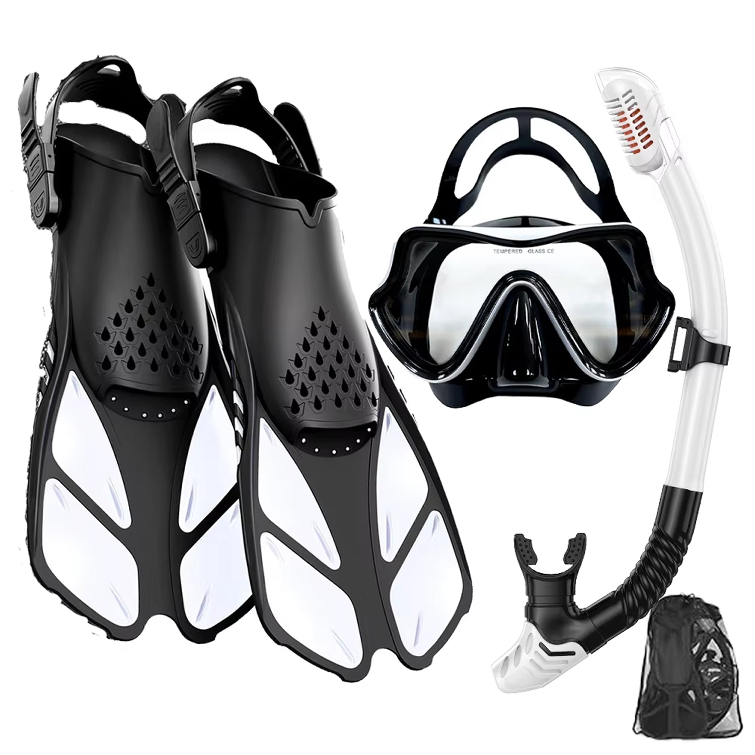 DeepBrez Professional Snorkel Set - 180 Degree Panoramic Mask with Dry Top Snorkel and Adjustable Fins - Tempered Glass Anti Fog Diving Gear