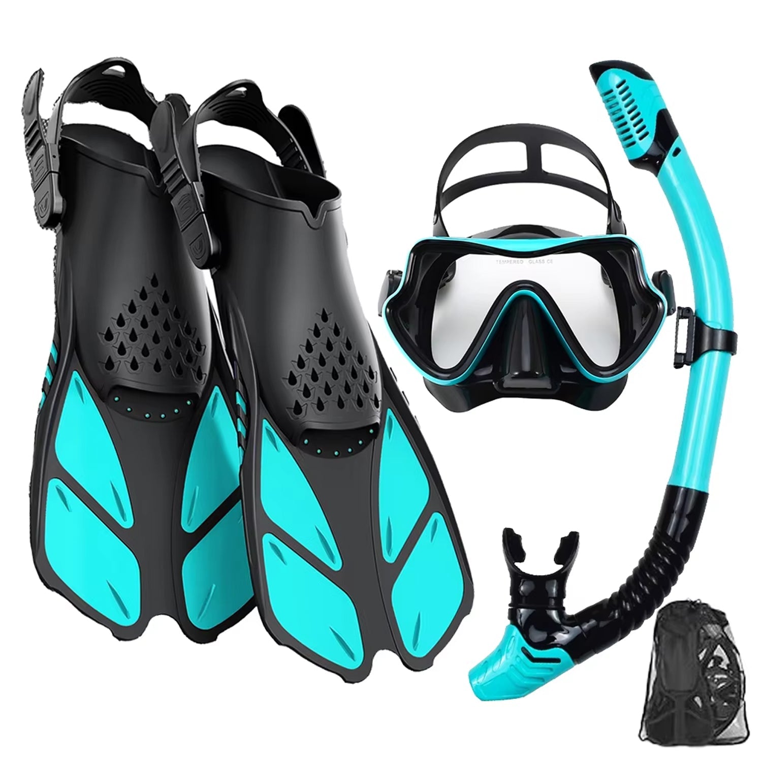 DeepBrez Professional Snorkel Set - 180 Degree Panoramic Mask with Dry Top Snorkel and Adjustable Fins - Tempered Glass Anti Fog Diving Gear