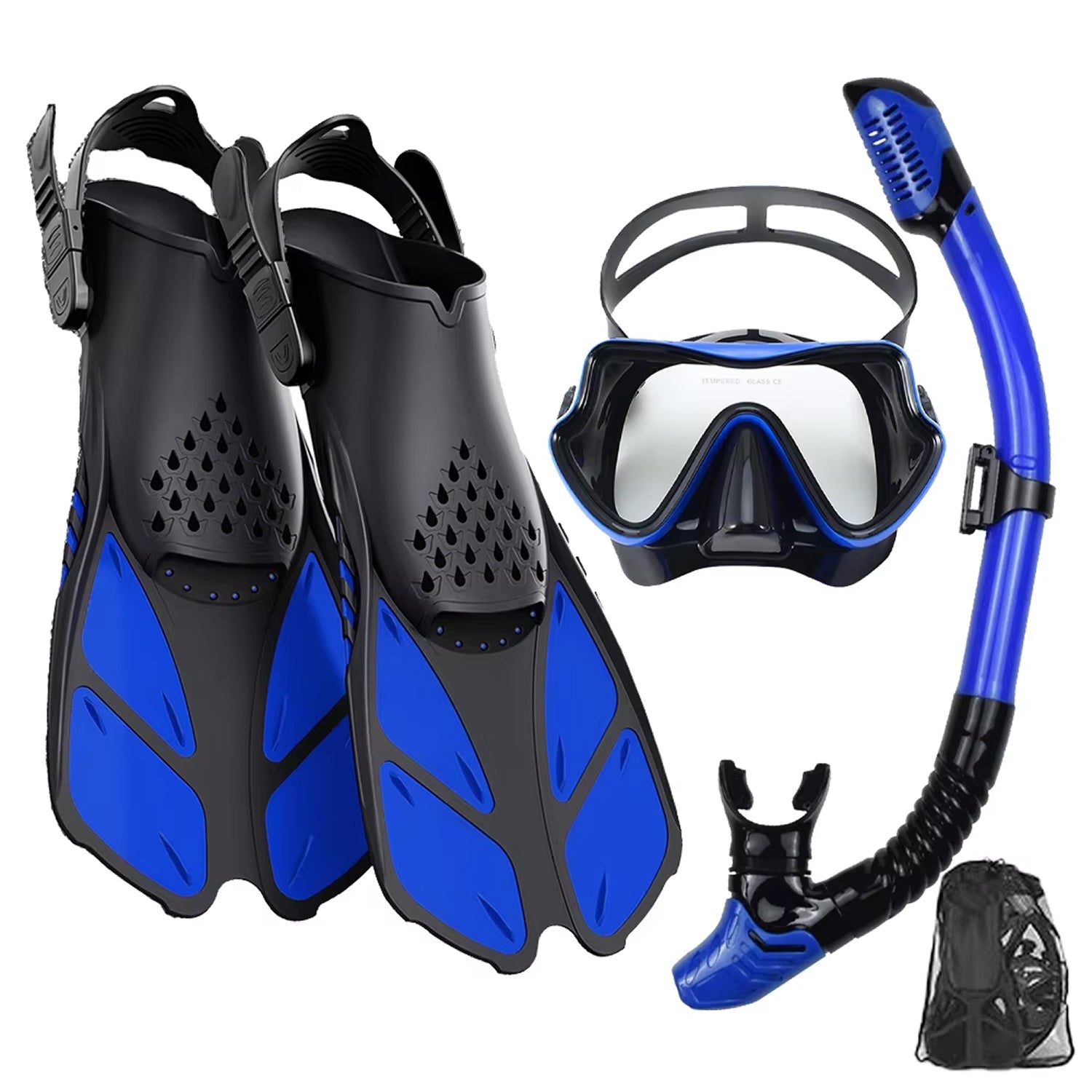 DeepBrez Professional Snorkel Set - 180 Degree Panoramic Mask with Dry Top Snorkel and Adjustable Fins - Tempered Glass Anti Fog Diving Gear