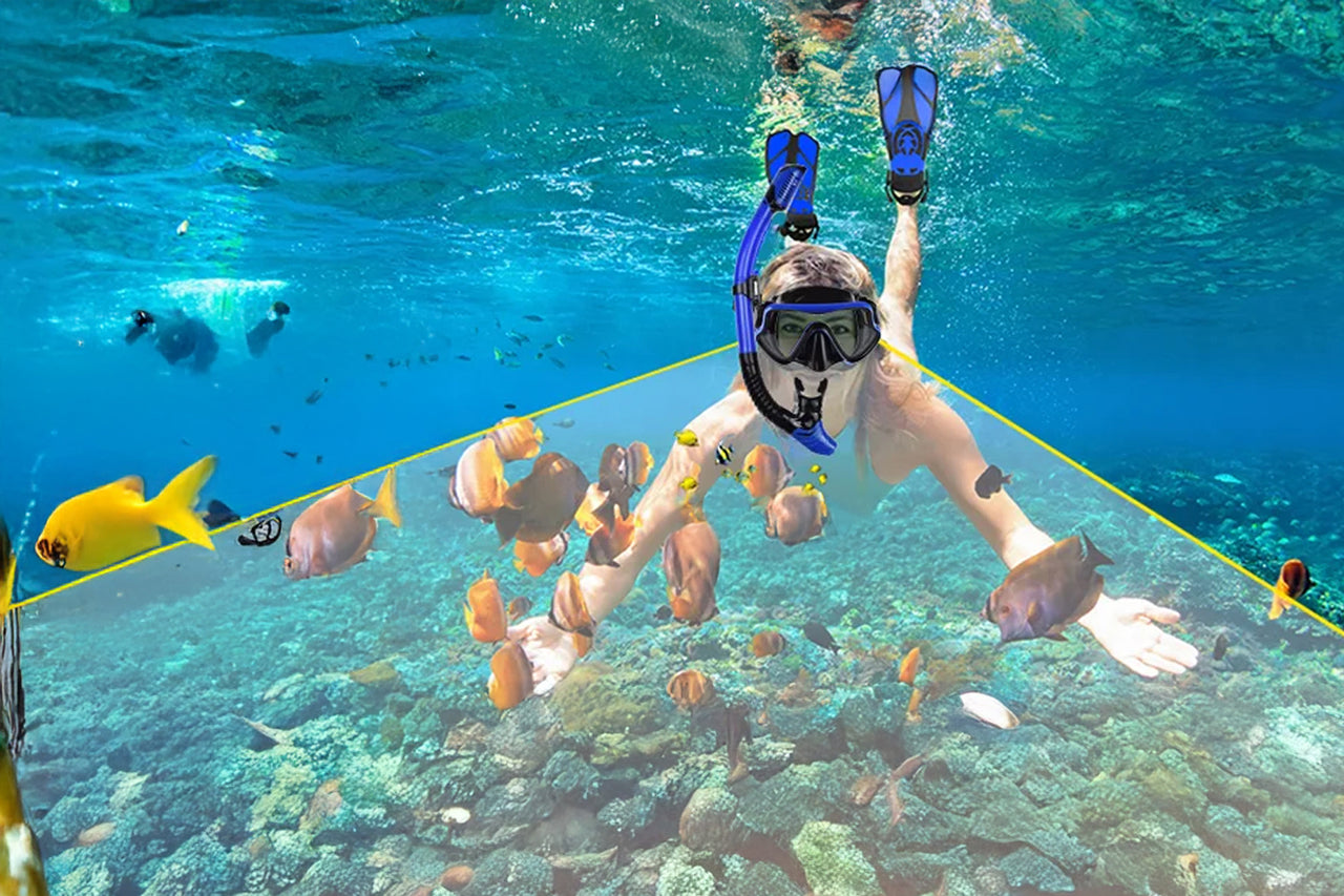 DeepBrez Professional Snorkel Set - 180 Degree Panoramic Mask with Dry Top Snorkel and Adjustable Fins - Tempered Glass Anti Fog Diving Gear