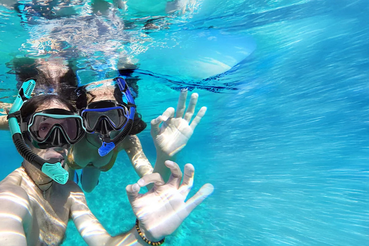 DeepBrez Professional Snorkel Set - 180 Degree Panoramic Mask with Dry Top Snorkel and Adjustable Fins - Tempered Glass Anti Fog Diving Gear