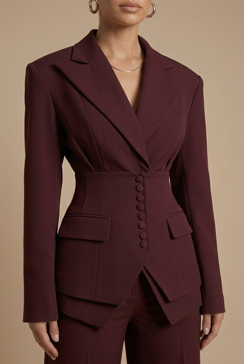 Women's Tailored Two Piece Suit - Peaked Lapel - Wide-Leg Trousers