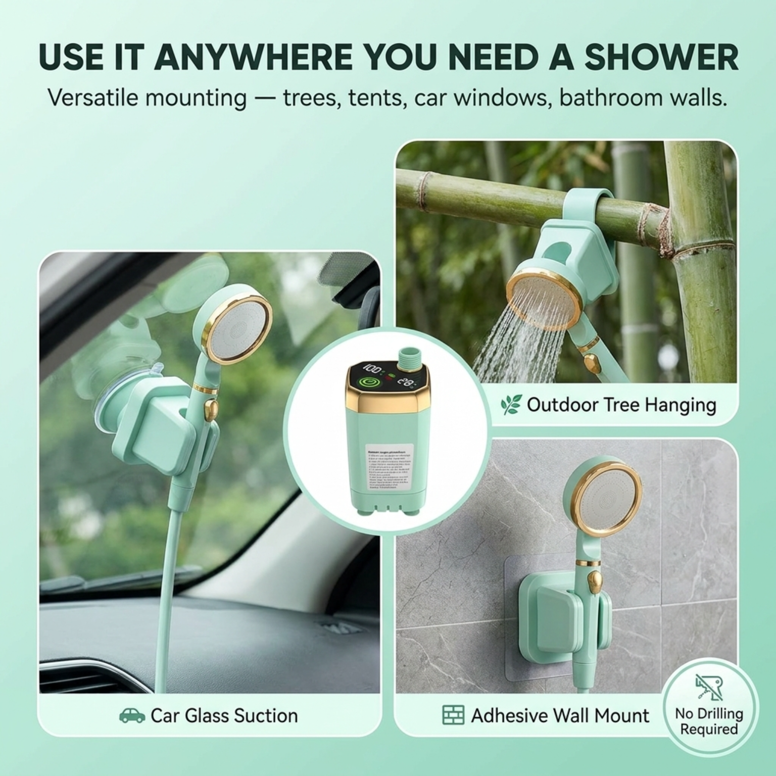 PathPouri Portable Camping Shower – High-Pressure Battery Pump, Multi-Mode Spray Head & Hanging Hook Kit