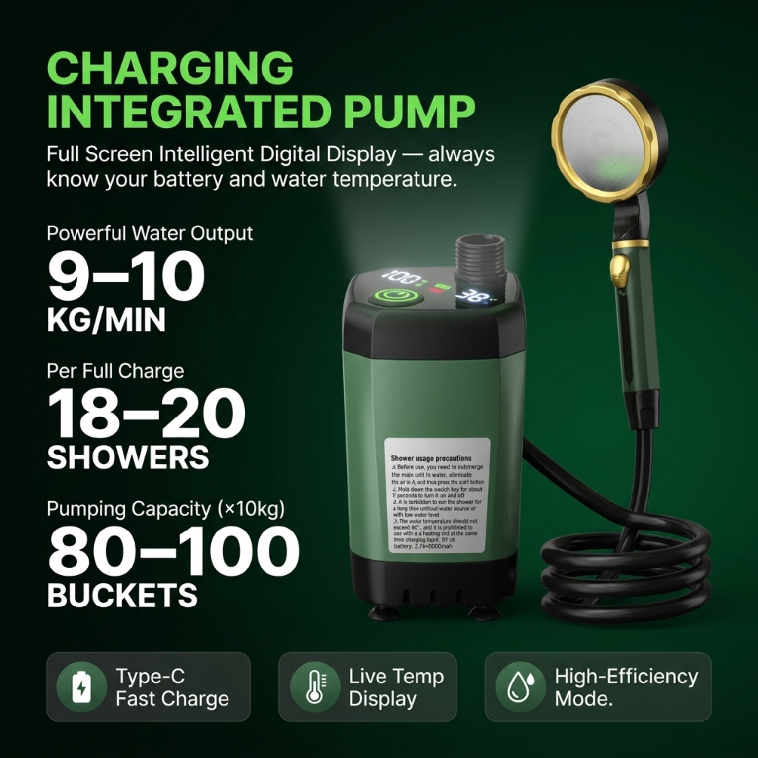 PathPouri Portable Camping Shower – High-Pressure Battery Pump, Multi-Mode Spray Head & Hanging Hook Kit