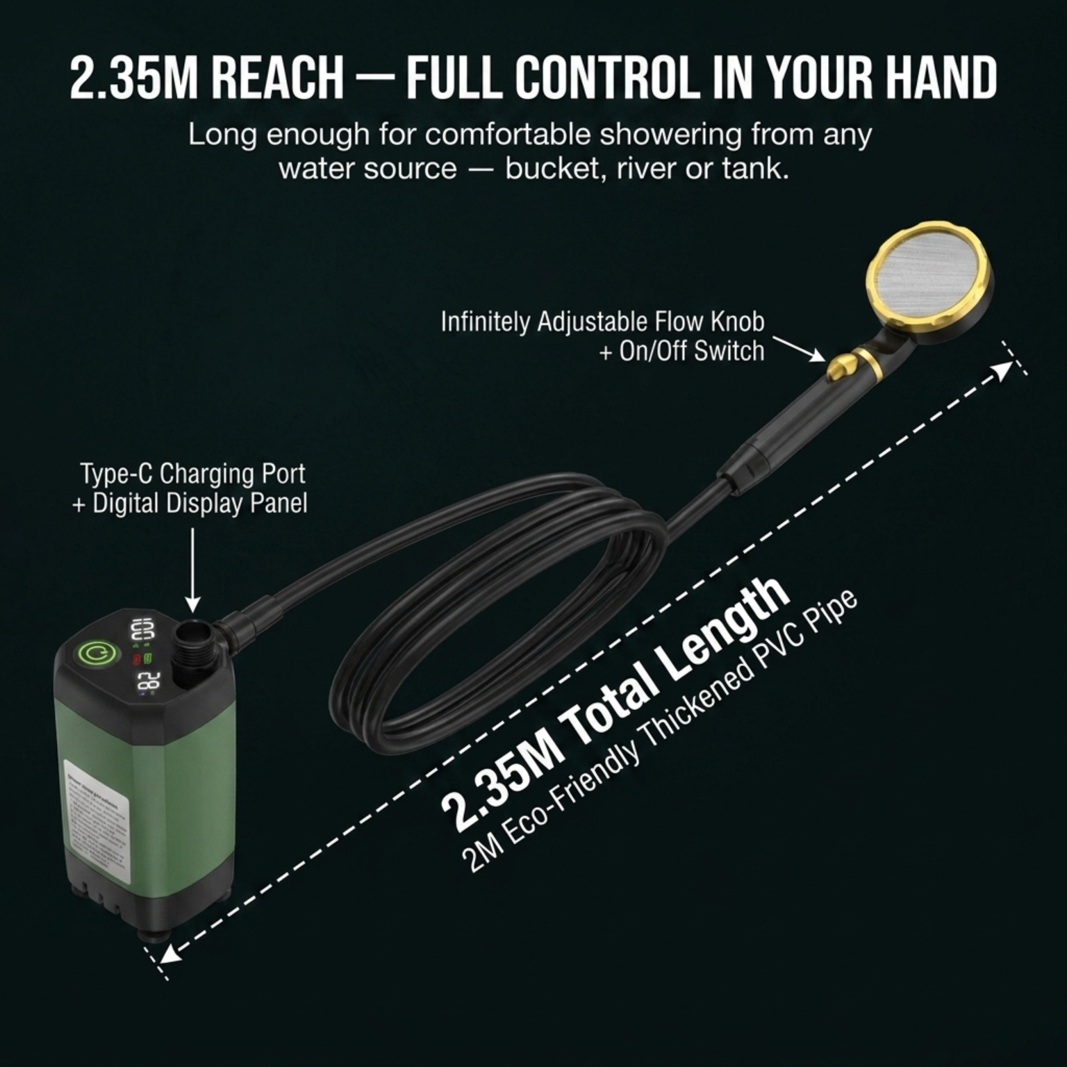 PathPouri Portable Camping Shower – High-Pressure Battery Pump, Multi-Mode Spray Head & Hanging Hook Kit