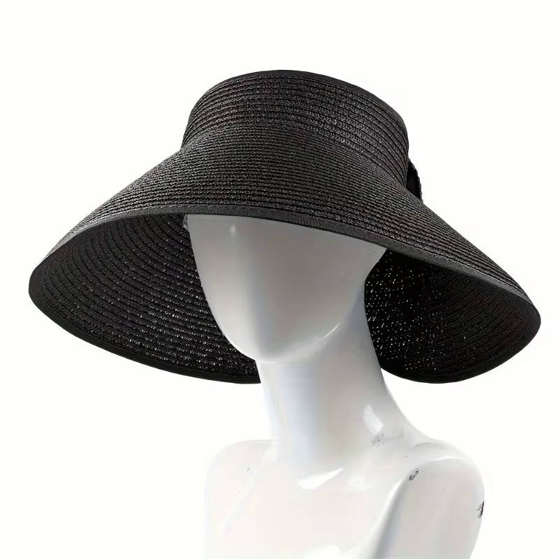Womens Wide Brim Straw Hat with Bow, Foldable Sun Hat Casual Beach Summer Accessory