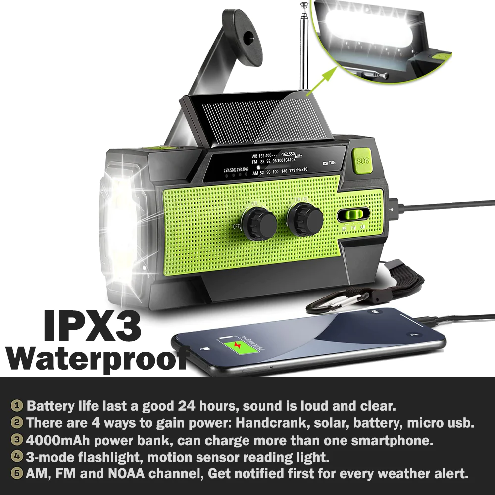 4000mAh Weather Radio with Hand Crank & Solar Charging