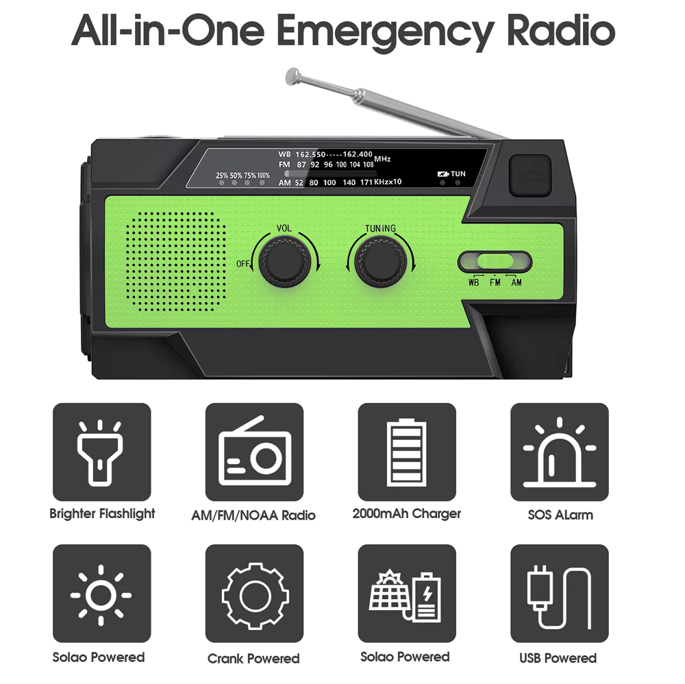 4000mAh Weather Radio with Hand Crank & Solar Charging