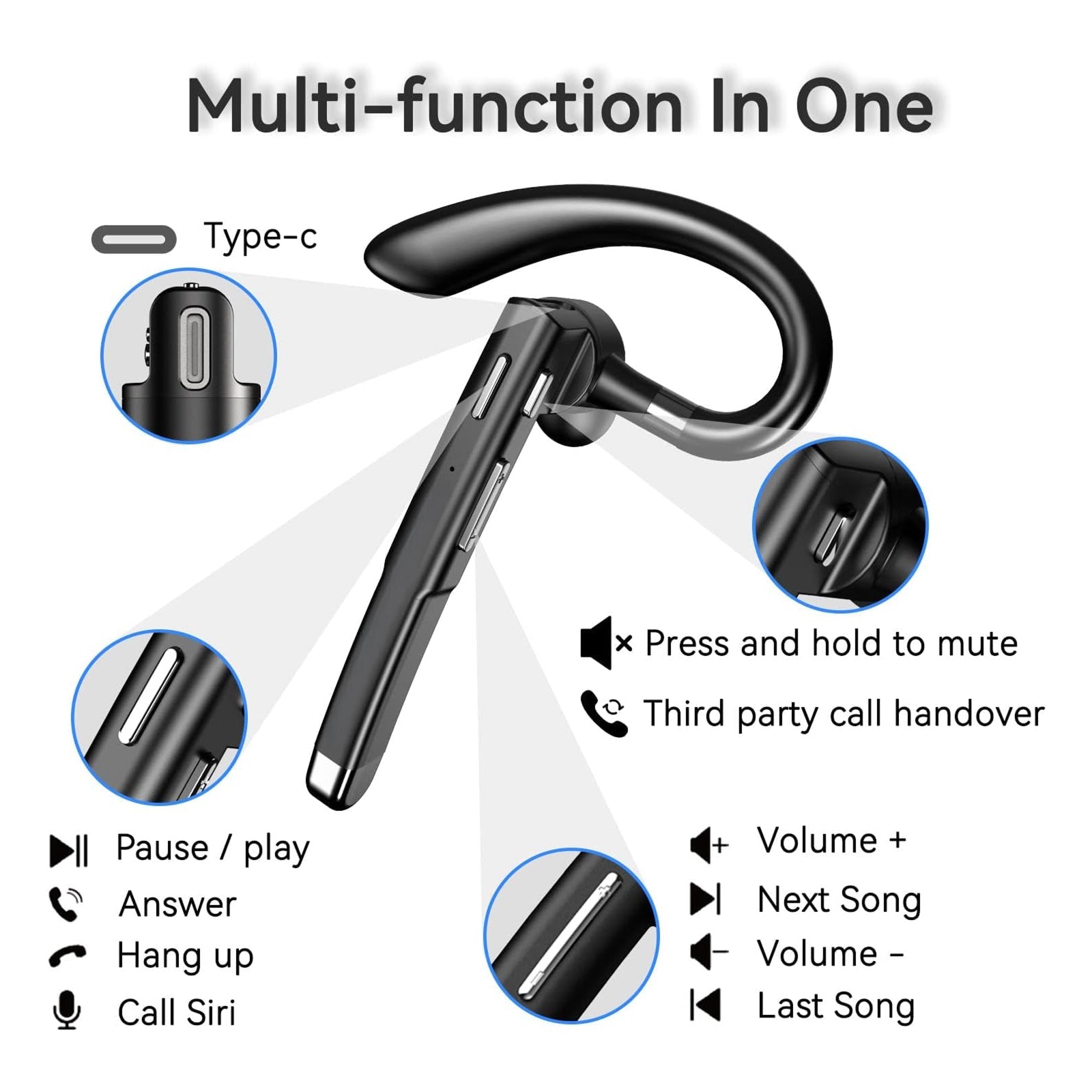 Bluetooth Headset For Truck Drivers | CVC8.0 Noise Canceling | 60h Battery | 360° Fit | Bluetooth 5.2