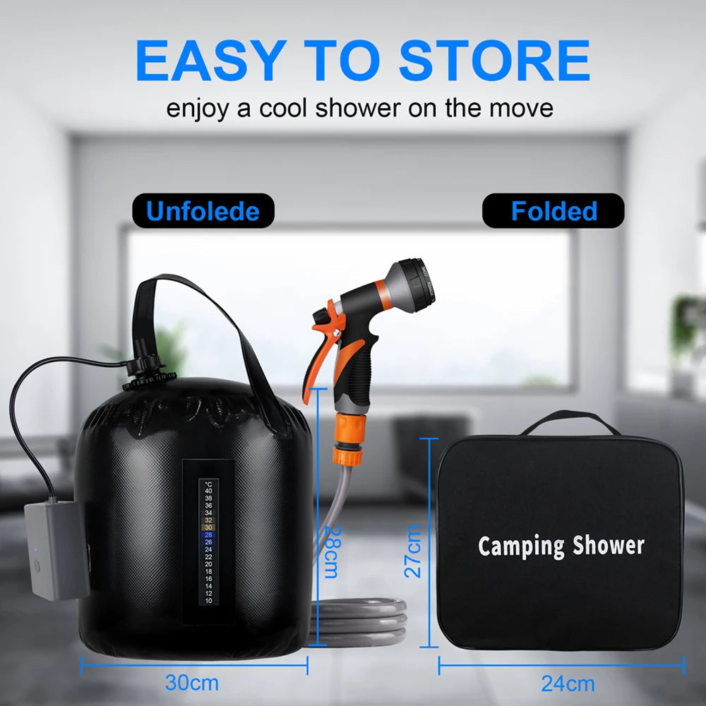 ClinyShowe 20L Portable Camping Shower ,Solar Heating Bag Rechargeable Electric Shower Pump