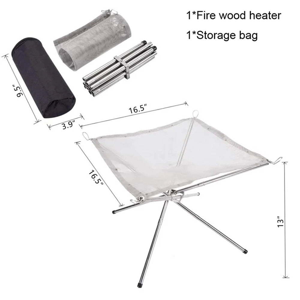 PyraSola Portable Fire Pit - 3 in 1 Collapsible Camping Grill Outdoor Heater - Compact 304 Stainless Steel Low Smoke Mesh Wood Burner