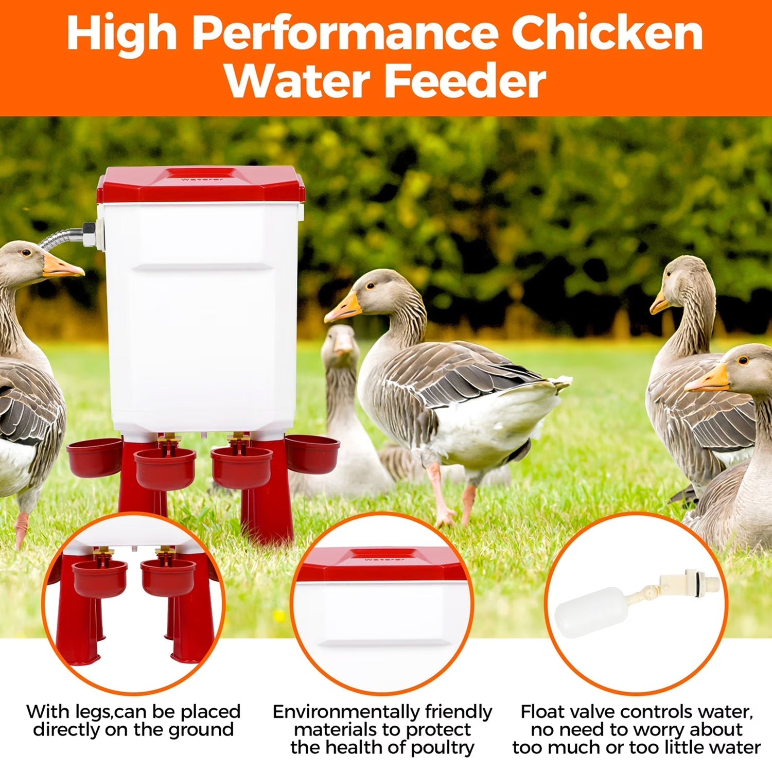 Flochiken Automatic Chicken Waterer | Float Valve Control | Leak Free Design | Standing Legs | Steel Hose Kit