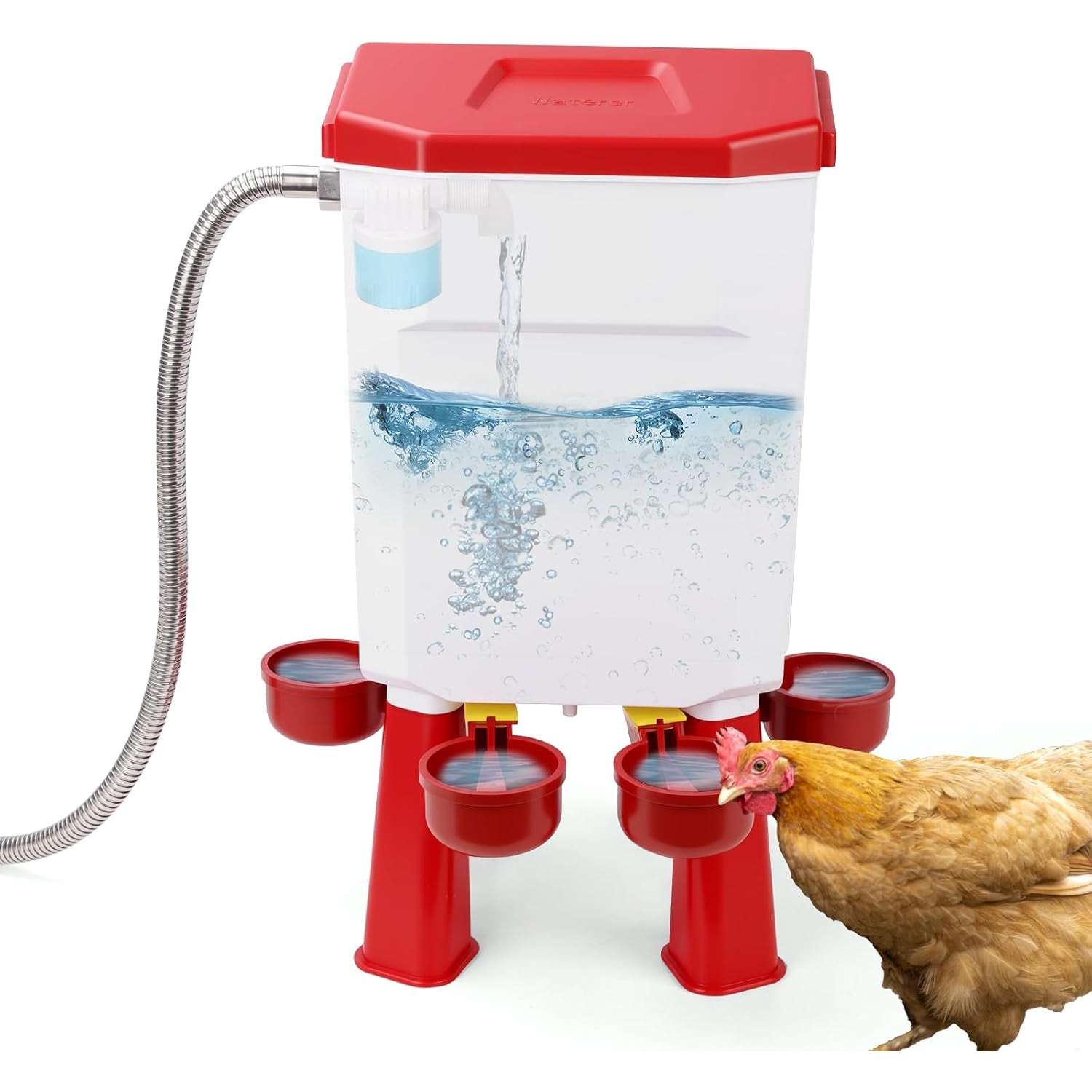 Flochiken Automatic Chicken Waterer | Float Valve Control | Leak Free Design | Standing Legs | Steel Hose Kit