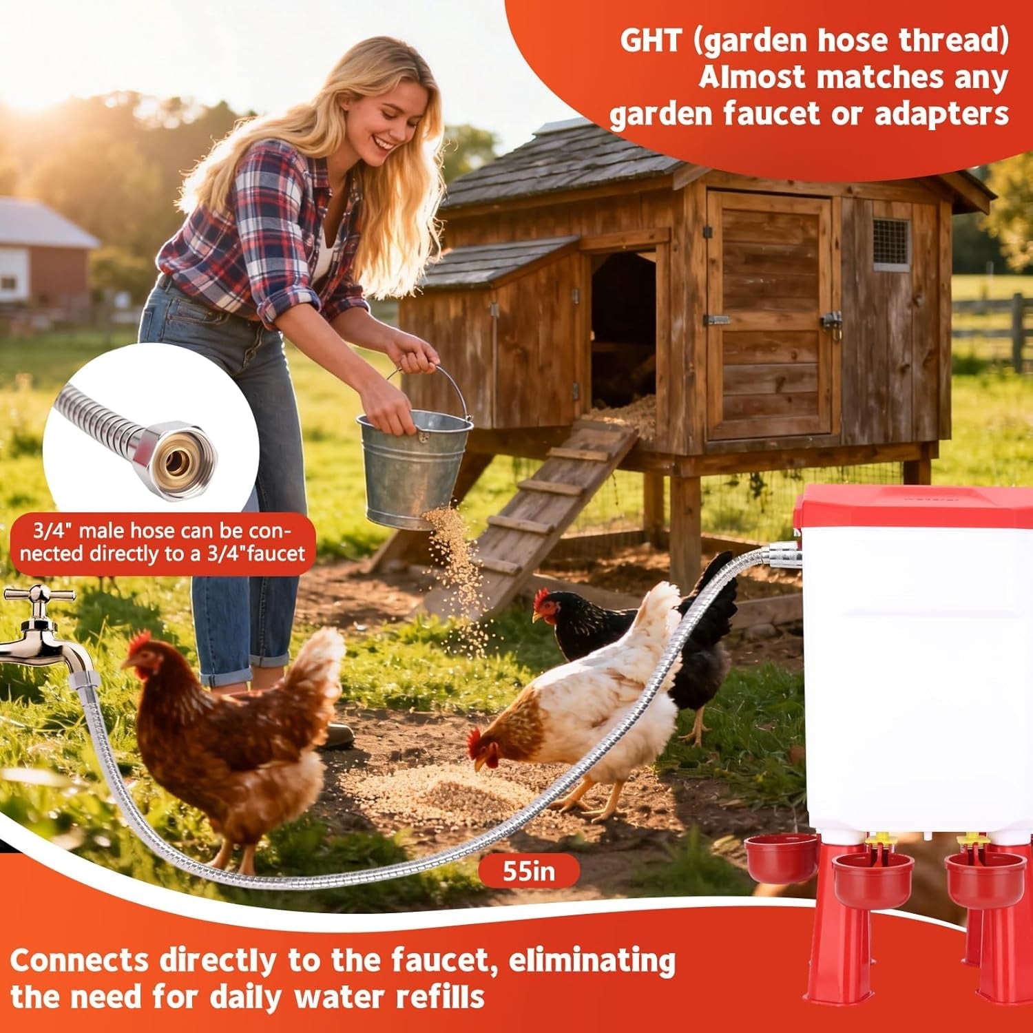 Flochiken Automatic Chicken Waterer | Float Valve Control | Leak Free Design | Standing Legs | Steel Hose Kit