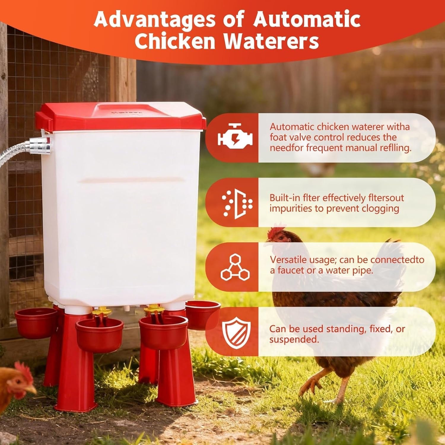Flochiken Automatic Chicken Waterer | Float Valve Control | Leak Free Design | Standing Legs | Steel Hose Kit