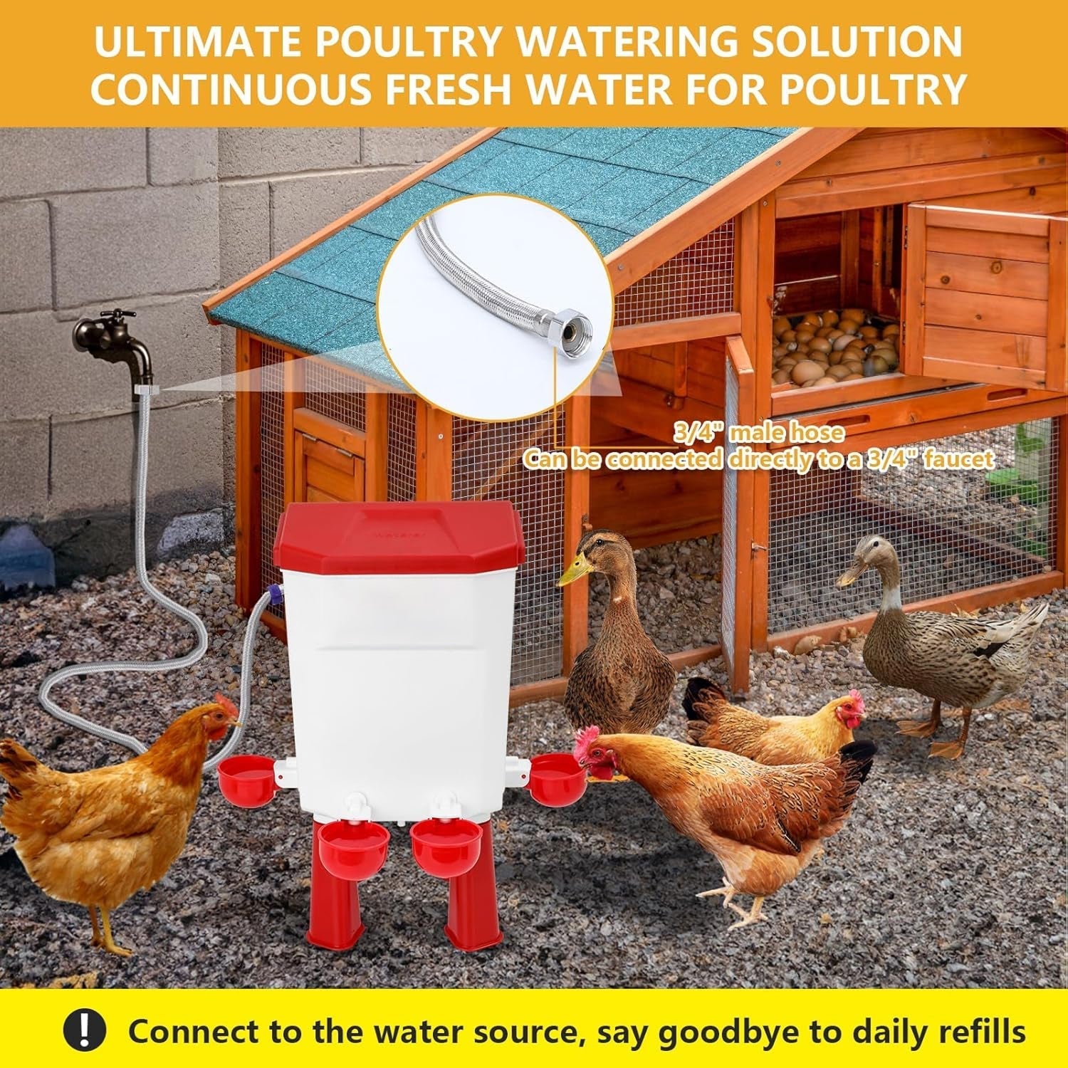 Flochiken Automatic Chicken Waterer | Float Valve Control | Leak Free Design | Standing Legs | Steel Hose Kit