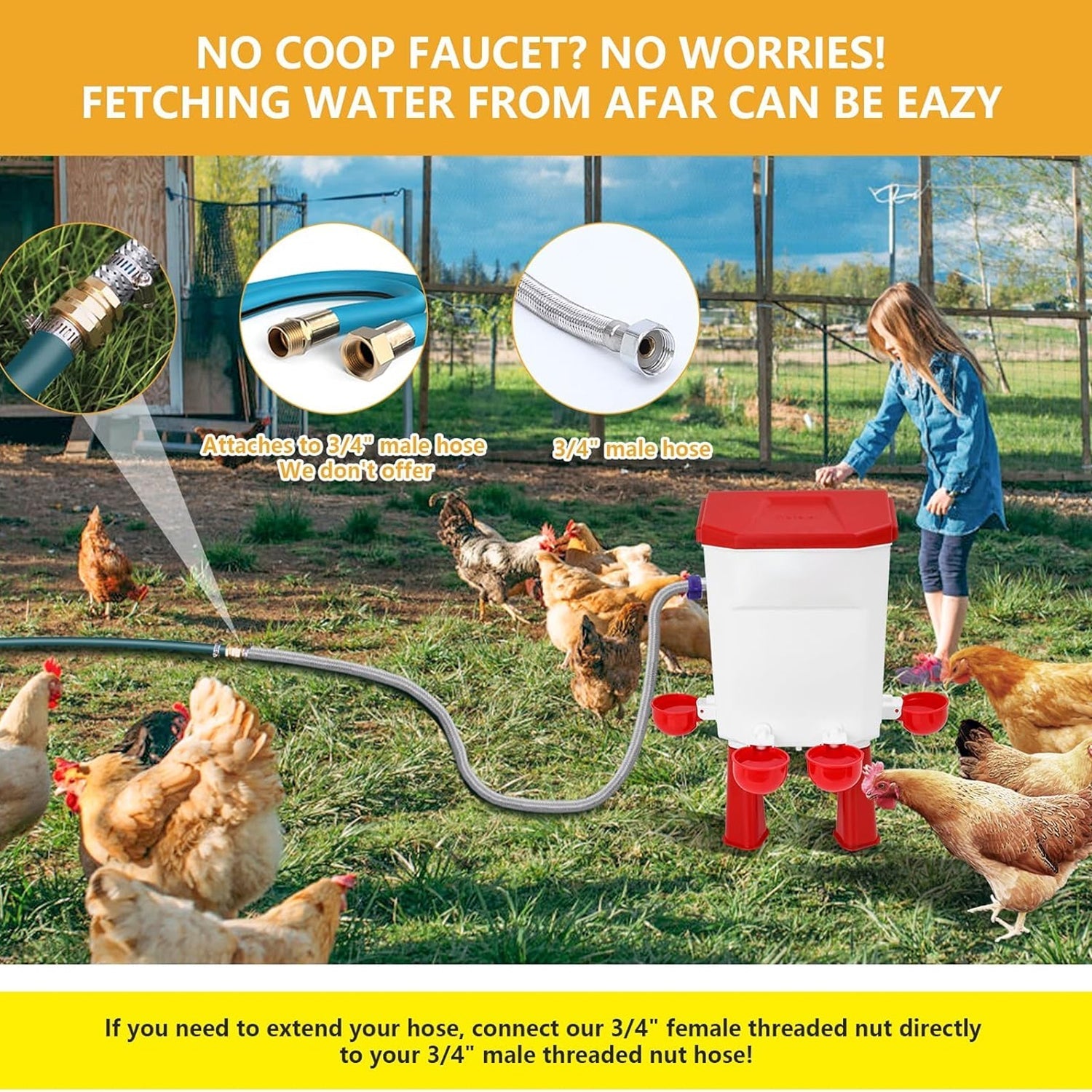 Flochiken Automatic Chicken Waterer | Float Valve Control | Leak Free Design | Standing Legs | Steel Hose Kit