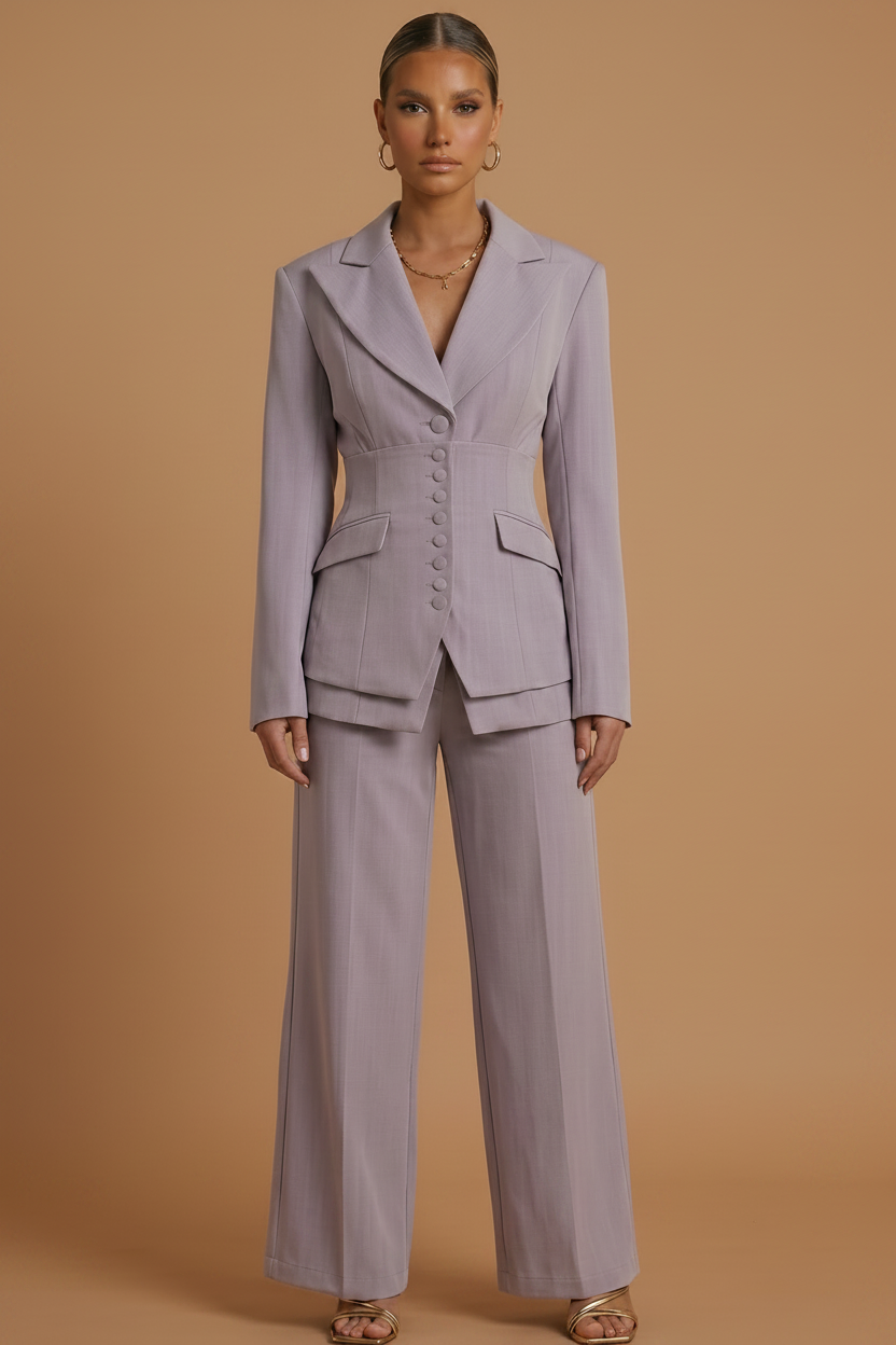 Women's Tailored Two Piece Suit - Peaked Lapel - Wide-Leg Trousers