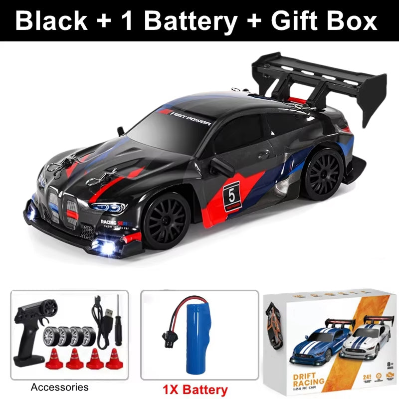 SkidFlux High-Speed RC Drift Car – 4WD Remote Control Sports Car with LED Lights & Interchangeable Tyres
