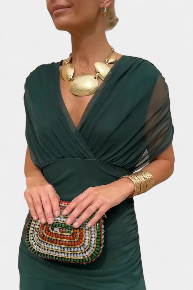 Women's Elegant V-Neck Shirred Maxi Dress