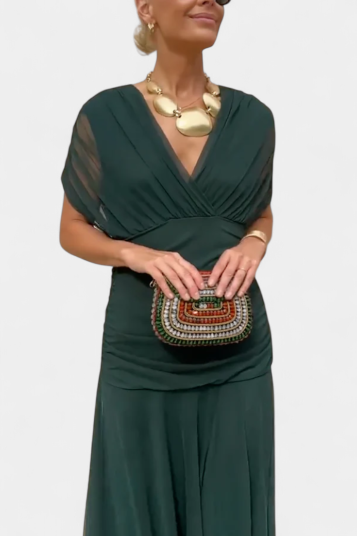 Women's Elegant V-Neck Shirred Maxi Dress