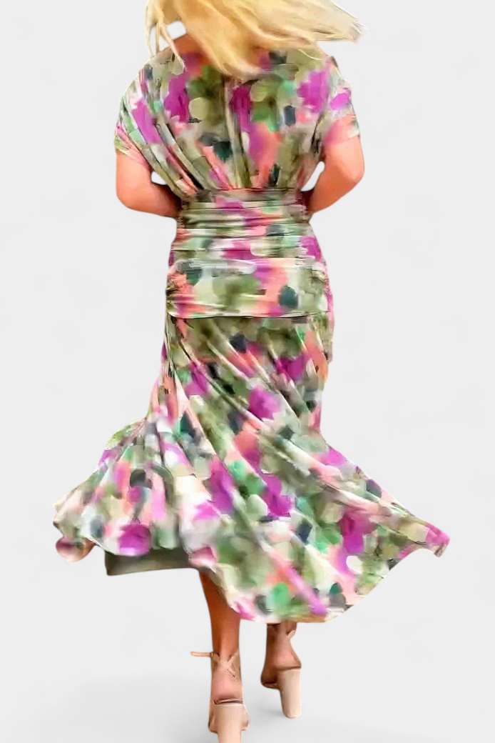 Women's Elegant V-Neck Shirred Maxi Dress