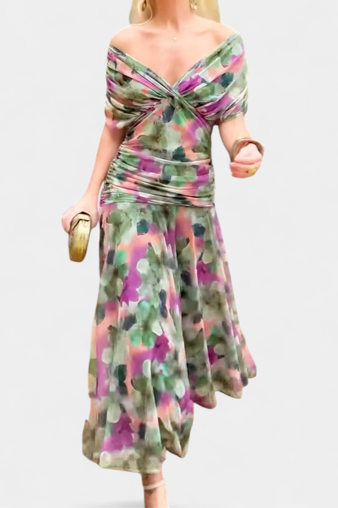 Women's Elegant V-Neck Shirred Maxi Dress