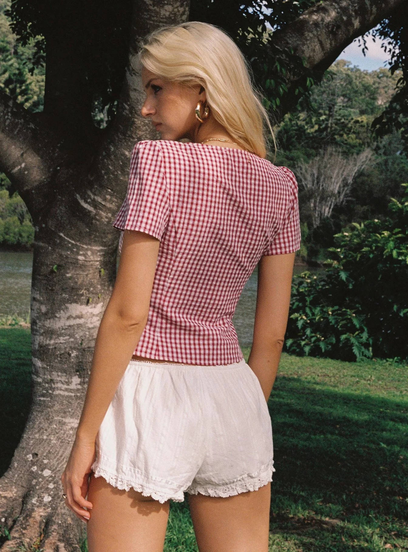 Womens Plaid V Neck Blouse Short Sleeve, Button Front Casual Summer Shirt for Daily Wear