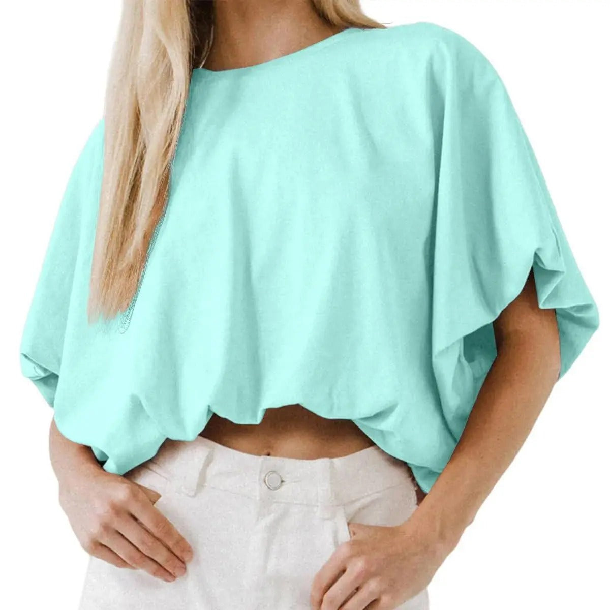 Womens Crewneck Crop Top Short Sleeve, Casual Loose Cropped T Shirt Summer Basic