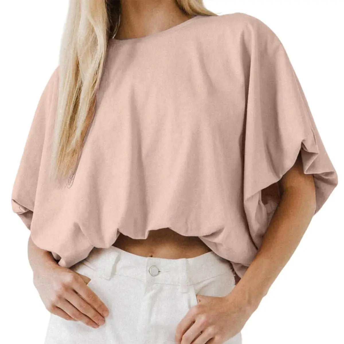 Womens Crewneck Crop Top Short Sleeve, Casual Loose Cropped T Shirt Summer Basic