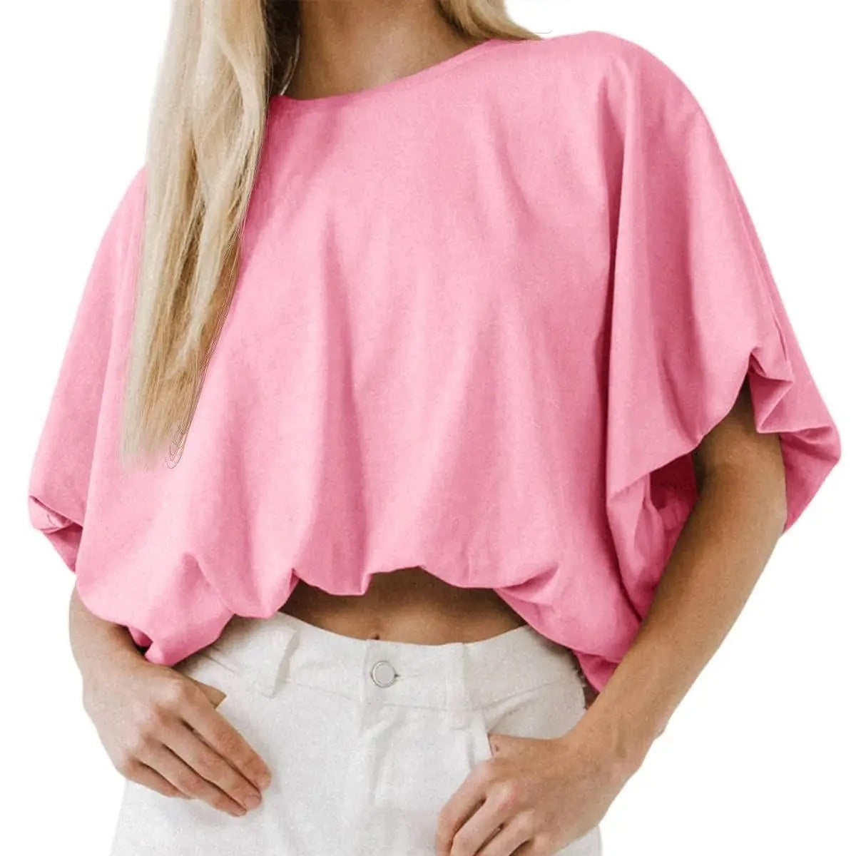 Womens Crewneck Crop Top Short Sleeve, Casual Loose Cropped T Shirt Summer Basic