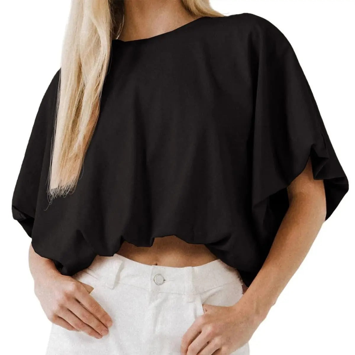 Womens Crewneck Crop Top Short Sleeve, Casual Loose Cropped T Shirt Summer Basic