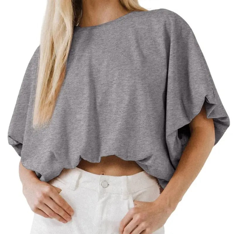 Womens Crewneck Crop Top Short Sleeve, Casual Loose Cropped T Shirt Summer Basic