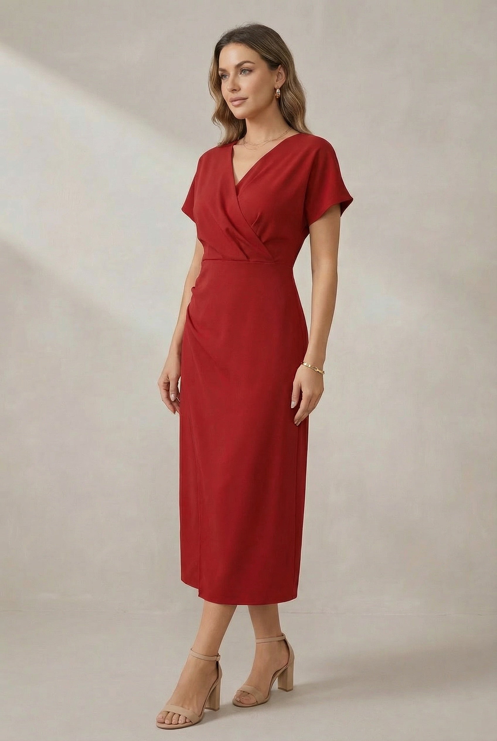 Kimono Sleeve Wrap Midi Dress with Ruched Waist