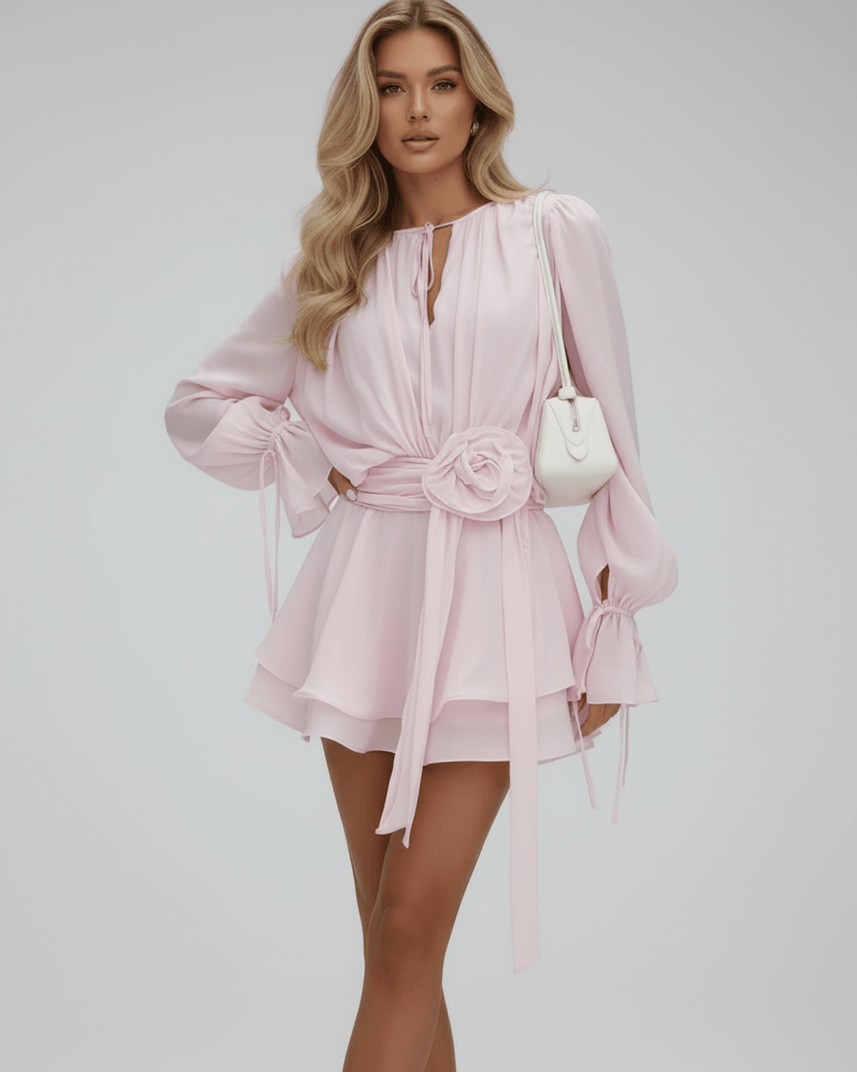 Women’s Pink Mini Dress — Bodycon, High Waist, Flare Sleeve, 3D Embellishments, Cocktail, Evening Florence Dress