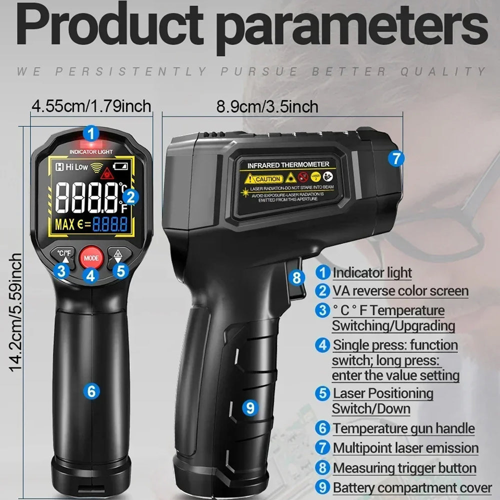 Lazeriok Infrared Laser Thermometer Non Contact Digital Temperature Gun for Kitchen Cooking Pizza Ovens Automotive Engine and HVAC Testing