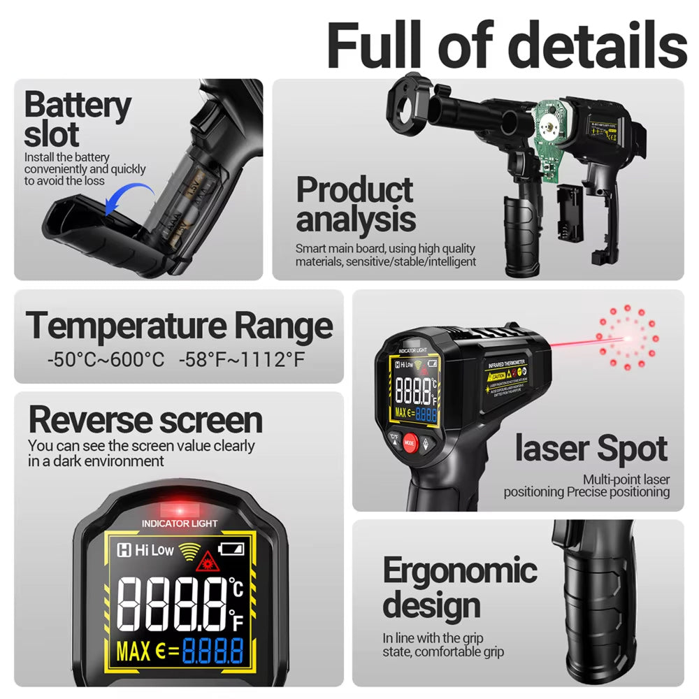 Lazeriok Infrared Laser Thermometer Non Contact Digital Temperature Gun for Kitchen Cooking Pizza Ovens Automotive Engine and HVAC Testing