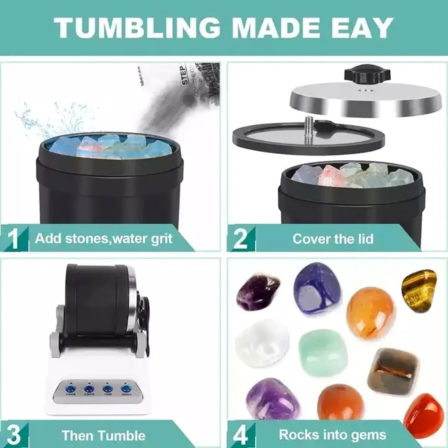 GemRollie Rock Polisher - Quiet Tumble Tech Leak-Proof Twist Lid Precision Digital Control - Rubber-Lined Barrel - Gift for Kids Geology & Jewelry