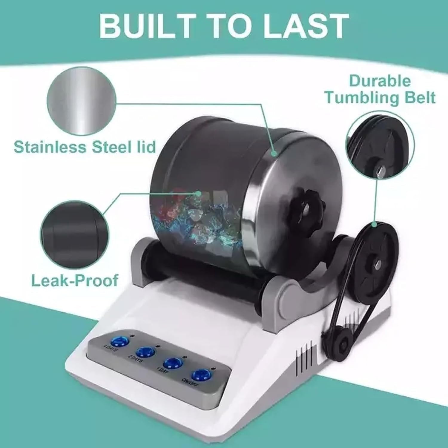GemRollie Rock Polisher - Quiet Tumble Tech Leak-Proof Twist Lid Precision Digital Control - Rubber-Lined Barrel - Gift for Kids Geology & Jewelry