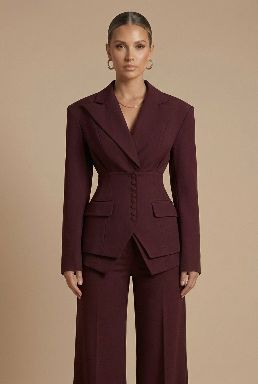 Women's Tailored Two Piece Suit - Peaked Lapel - Wide-Leg Trousers