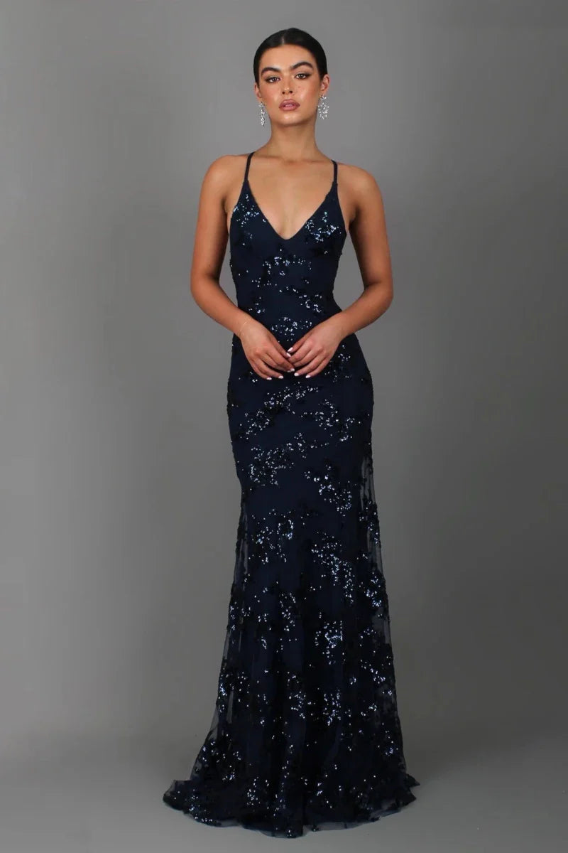 Floor-length evening gown with sequin embroidery, low back and spaghetti straps